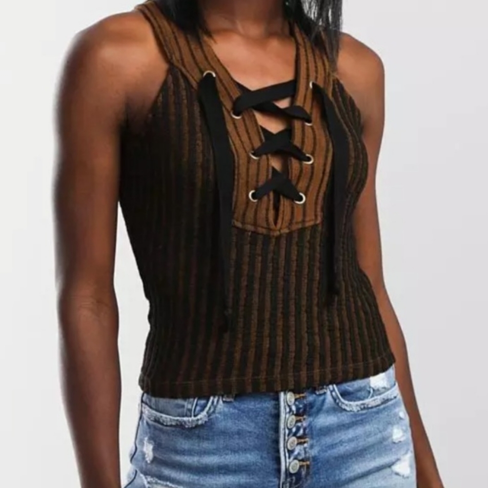 Textured Lace Up Tank Top
